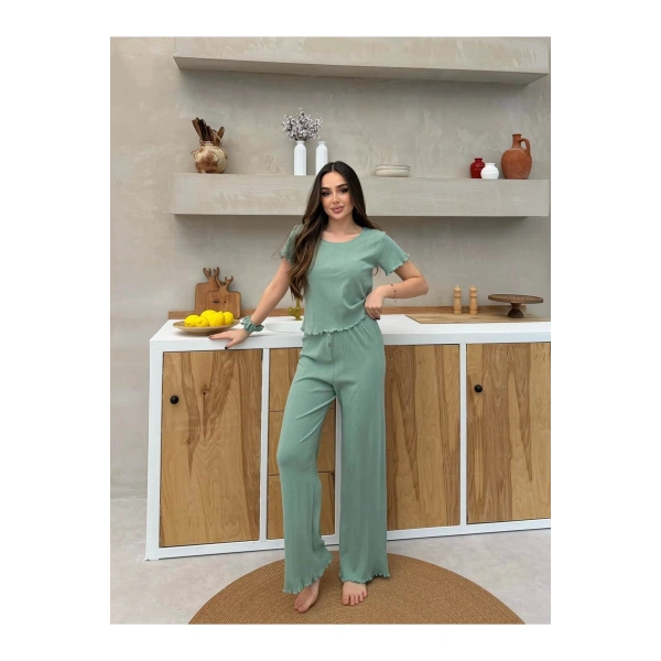 Saf %100 Pamuk Mint Yeşili Kısa Kol Kadın Pijama Takımı