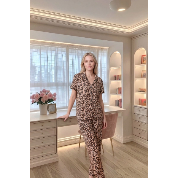 Kadın Leopar Pamuklu Yumuşak Doku Ultra Rahat Düğmeli Pijama Takım