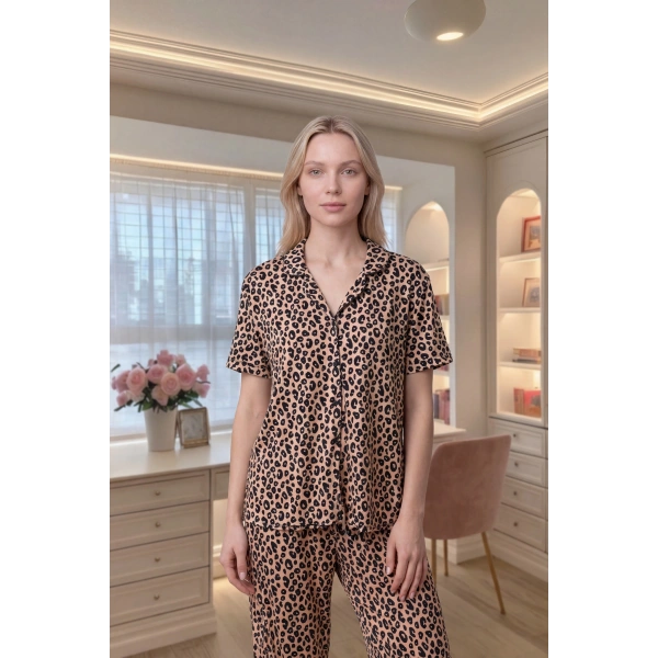 Kadın Leopar Pamuklu Yumuşak Doku Ultra Rahat Düğmeli Pijama Takım