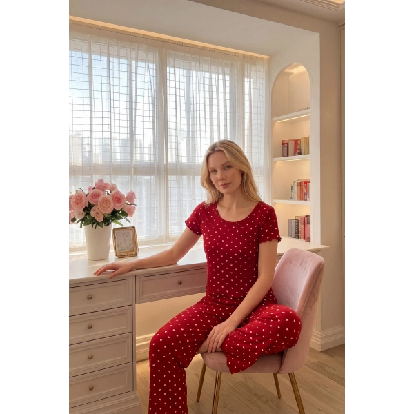Kadın Kalp Desenli Pamuk Ultra Rahat Kırmızı Pijama Takımı