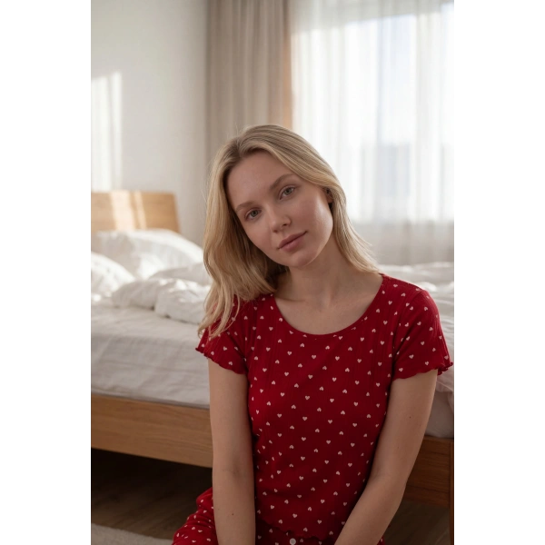 Kadın Kalp Desenli Pamuk Ultra Rahat Kırmızı Pijama Takımı