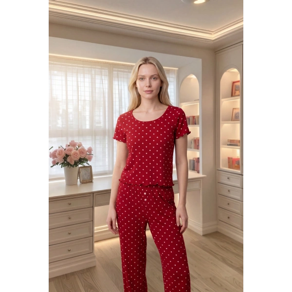 Kadın Kalp Desenli Pamuk Ultra Rahat Kırmızı Pijama Takımı
