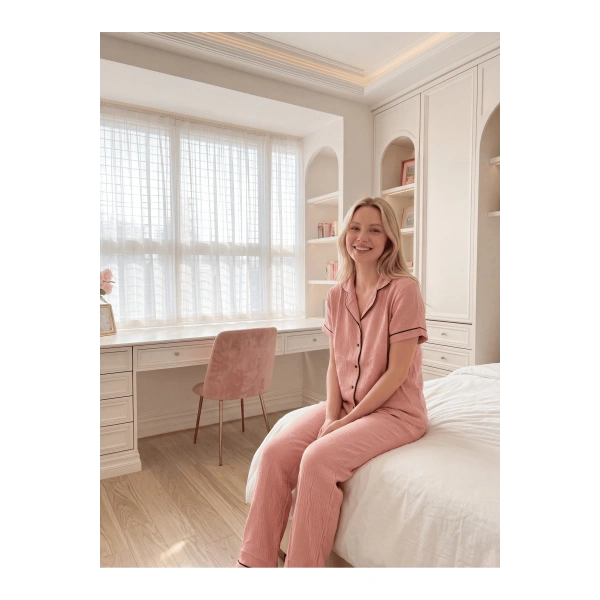 Kadın Çiçek Desenli Pamuklu Yumuşak Doku Ultra Rahat Pijama Takım