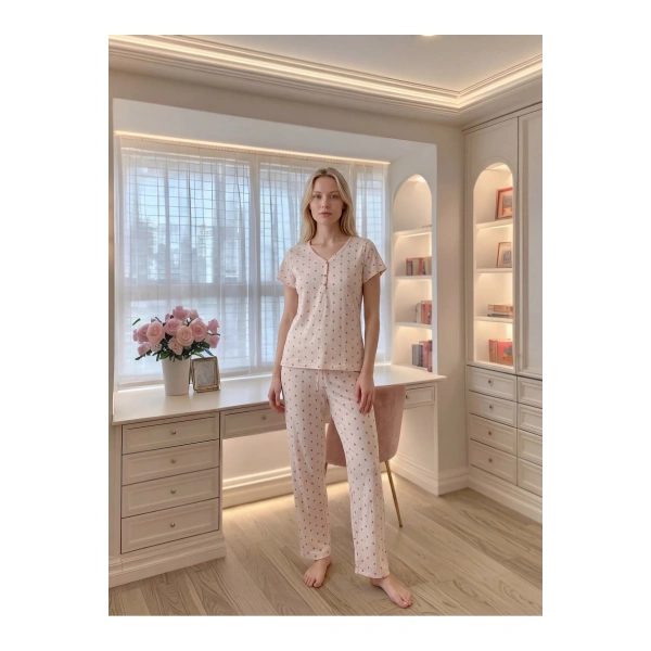 Kadın Yumuşak Doku Pamuklu Krem Çiçekli Pijama Takımı
