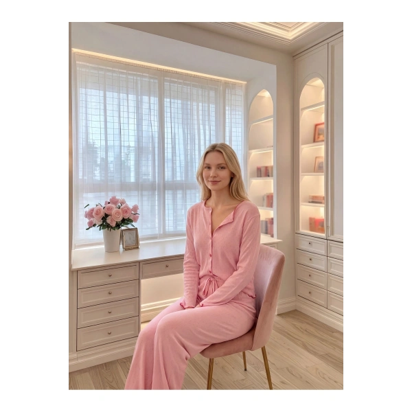 Kadın %100 Pamuk Soft Pembe Pijama Takımı