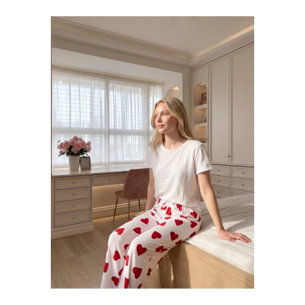 Kadın Kalp Desenli Pamuklu Rahat Pijama Altı