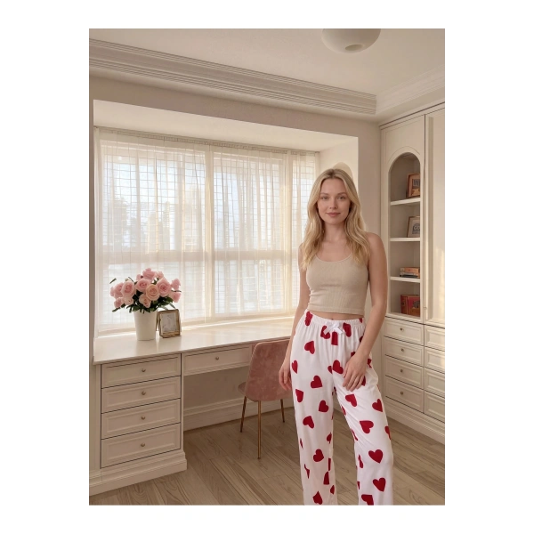Kadın Kalp Desenli Pamuklu Rahat Pijama Altı