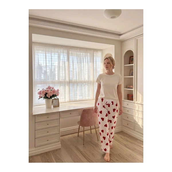 Kadın Kalp Desenli Pamuklu Rahat Pijama Altı