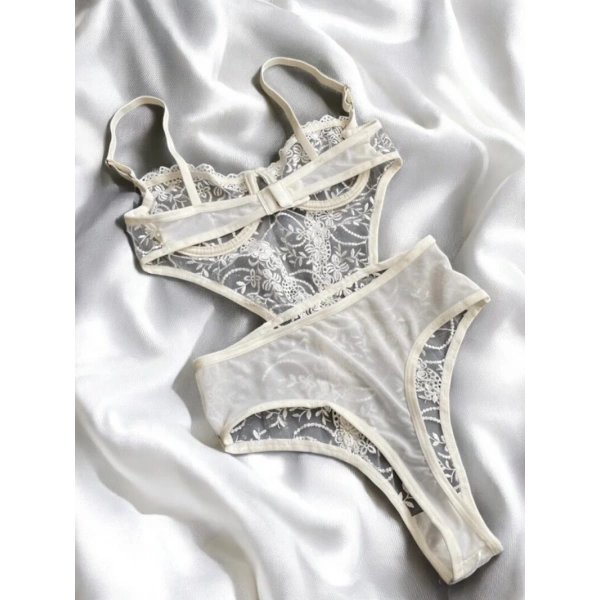 Ekru Çiçekli Brode Balenli Kapsız Bodysuit