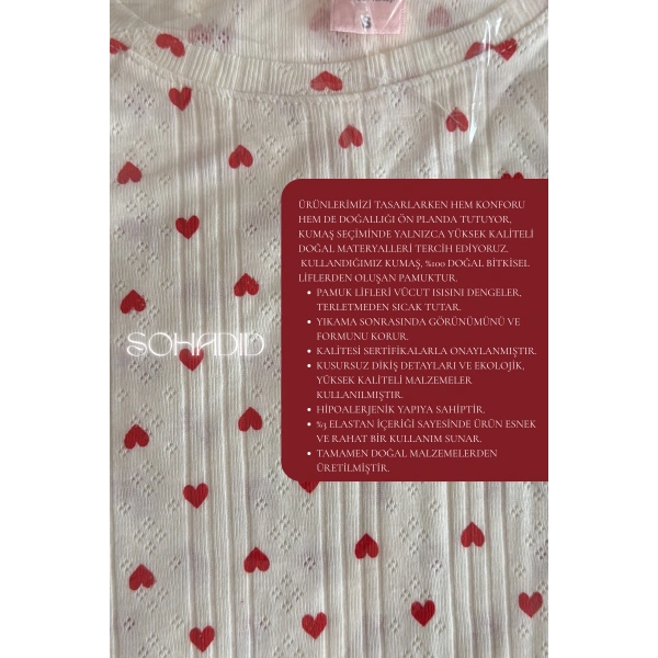 Yılbaşı Hediyesi Kadın %100 Pamuklu Uzun Kol Kalpli Pijama Takımı
