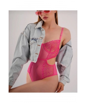 Pembe Kadın Fantezi Bodysuit Balenli Babydoll İç Çamaşır Takımı