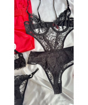 Çeyiz Seti Siyah Transparan Bodysuit ve Balenli Kapsız Tül Sütyen Takımı