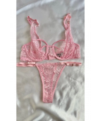 Pembe Dantel Balenli Kapsız Tül Sütyen Takımı