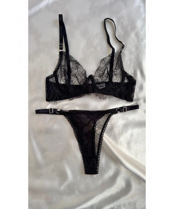 Siyah Dantel Balenli Kapsız Tül Sütyen Takımı