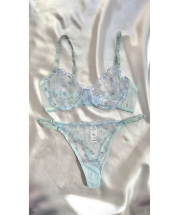 Bebek Mavisi Premium Sütyen Takımı - Transparan Çiçekli Tül İç Giyim Seti