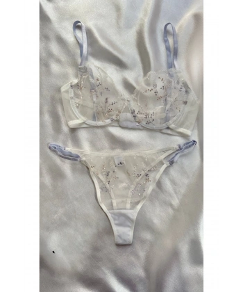 Beyaz Premium Sütyen Takımı - Transparan Çiçekli Tül İç Giyim Seti