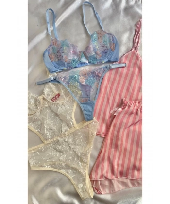 Kadın 5li Saten Gecelik Sütyen Şort Çeyiz Seti