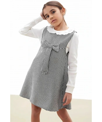 Bayramlık Siyah Kazayağı Desenli Fiyonklu Kız Çocuk Badili Elbise