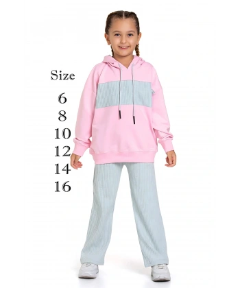 Bayramlık Pembe Beyaz Pamuklu Yumuşak Dokulu Standart Fit Nakışlı Kız Çocuk Eşofman Takım