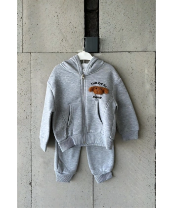 Bayramlık Gri Ayıcık Nakışlı Kız Çocuk Eşofman Takımı