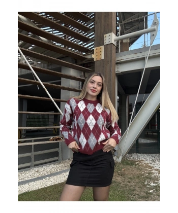 Bordo Bisiklet Yaka Oversize Kadın Triko Kazak