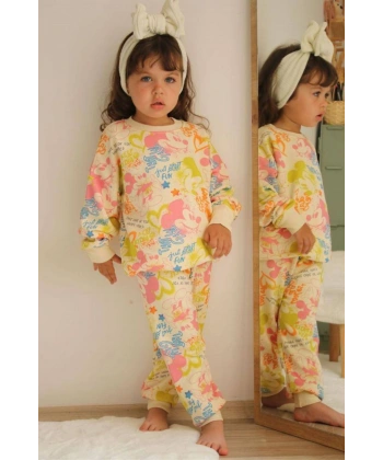 Bayramlık Mickey Desenli Renkli Sweatshirt Eşofman Altı Kız Çocuk Takım