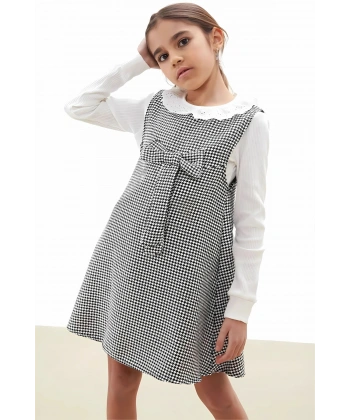 Bayramlık Siyah Kazayağı Desenli Fiyonklu Kız Çocuk Badili Elbise