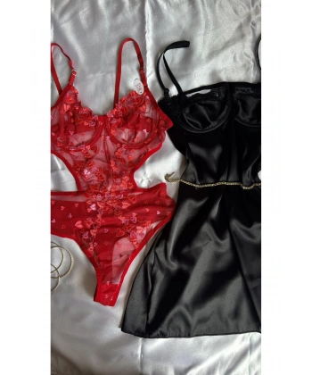 Yılbaşı Hediyesi Limited Edition Kırmızı Transparan Body & Saten Dantel Siyah Gecelik Seti