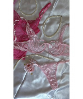 Pembe ve Fuşya Dantel Detaylı Transparan Sütyen & Tanga Seti