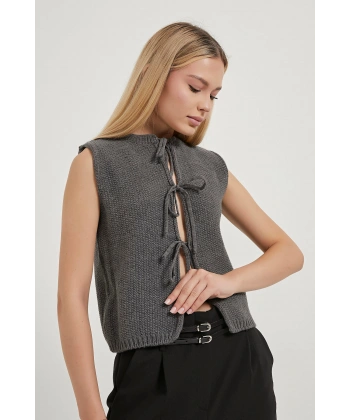 Kadın Bağlama Detaylı Basic Füme Crop Triko Yelek