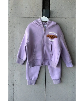 Bayramlık Lila Ayıcık Nakışlı Kız Çocuk Eşofman Takımı