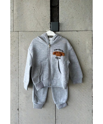 Bayramlık Gri Ayıcık Nakışlı Kız Çocuk Eşofman Takımı