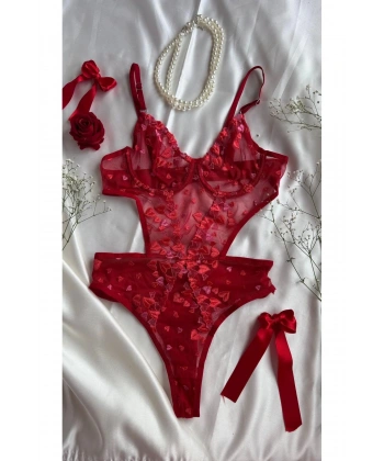 Yılbaşı Hediyesi Sevgililer Günü Özel Kırmızı Kalpli Brode Balenli Kapsız Bodysuit