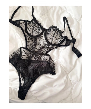Yılbaşı Hediyesi Siyah Dantelli Brode Balenli Kapsız Transparan Bodysuit