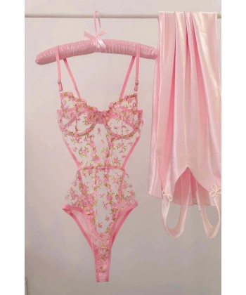 Pembe Dantelli Brode Balenli Kapsız Transparan Bodysuit