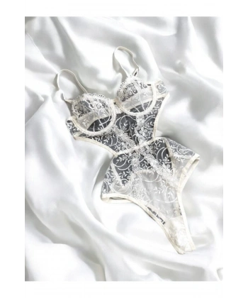 Ekru Çiçekli Brode Balenli Kapsız Bodysuit