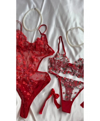 Yılbaşı Hediyesi Çeyiz Seti Kırmızı Transparan Bodysuit ve Balenli Kapsız Tül Sütyen Takımı