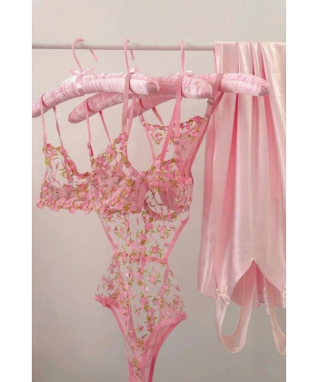 Çeyiz Seti Pembe Transparan Bodysuit ve Balenli Kapsız Tül Sütyen Takımı