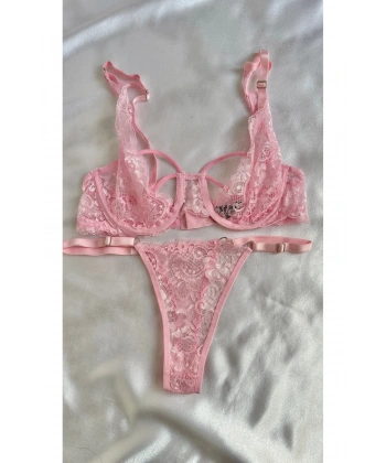 Pembe Dantel Balenli Kapsız Tül Sütyen Takımı