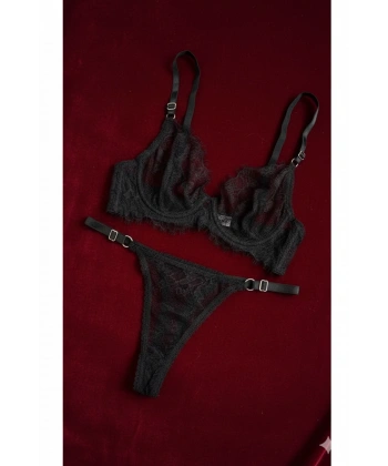 Yılbaşı Hediyesi Siyah Dantel Balenli Kapsız Tül Sütyen Takımı