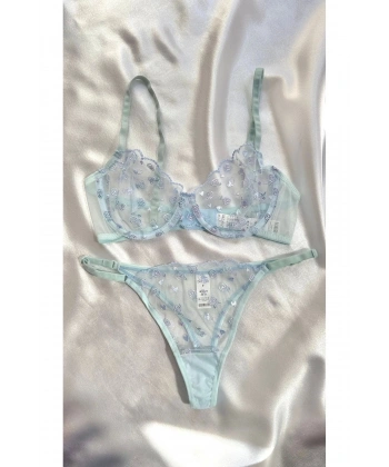 Bebek Mavisi Premium Sütyen Takımı - Transparan Çiçekli Tül İç Giyim Seti