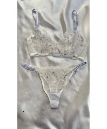 Yılbaşı Hediyesi Beyaz Premium Sütyen Takımı - Transparan Çiçekli Tül İç Giyim Seti