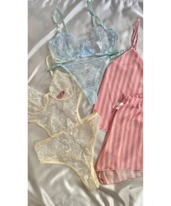 Kadın 5li Saten Gecelik Sütyen Şort Çeyiz Seti