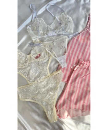 Yılbaşı Hediyesi Kadın 5li Saten Gecelik Sütyen Şort Çeyiz Seti