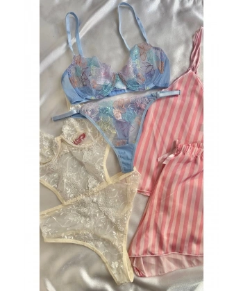 Kadın 5li Saten Gecelik Sütyen Şort Çeyiz Seti