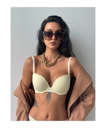 Vintage Sarı Destekli Balenli Dantelli Sütyen