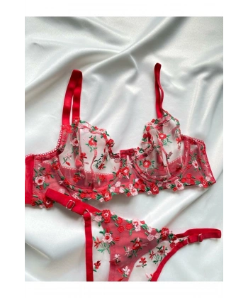 Balenli Sütyen Takımı Kırmızı Kalpli Dantelli Iç Çamaşırı Takımı