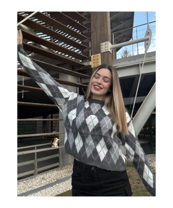 Gri Bisiklet Yaka Oversize Triko Kazak