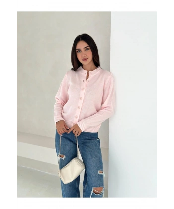 Pembe ZR Model Düğmeli Triko Hırka