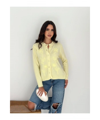 Sarı ZR Model Düğmeli Triko Hırka